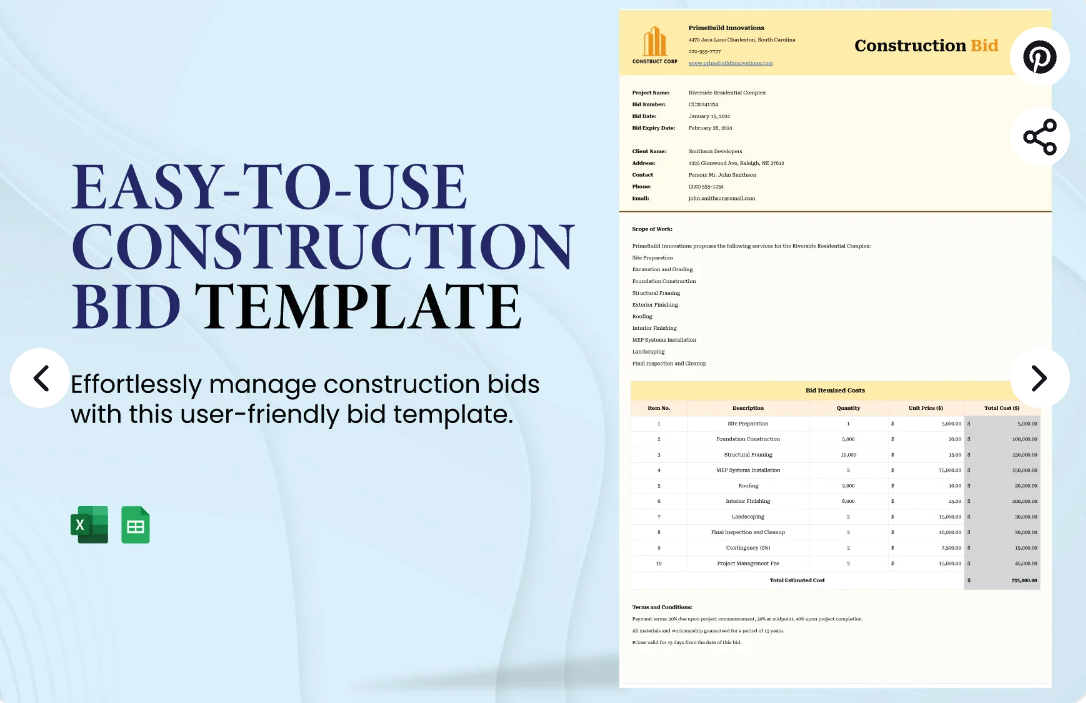 Google Sheets Construction Bid Template by Template.net